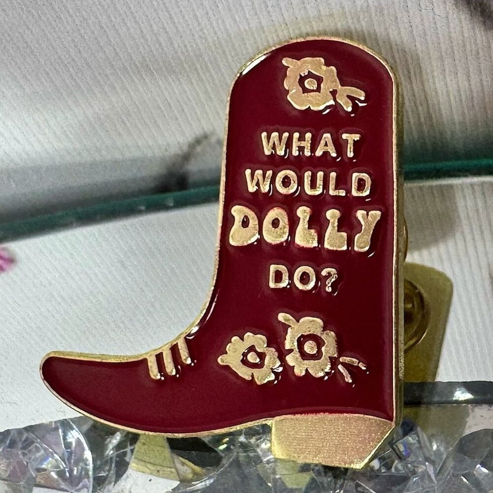 Pin 🧷 what would dolly do? Cowgirl boots cowboy boots pin red gold clip pin